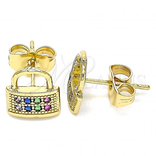 Oro Laminado Stud Earring, Gold Filled Style Lock Design, with Multicolor Micro Pave, Polished, Golden Finish, 02.210.0422.1