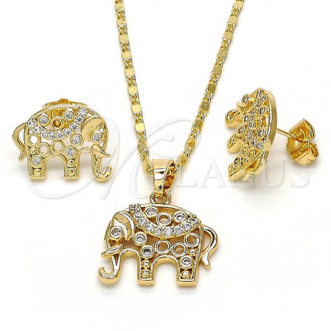 Oro Laminado Earring and Pendant Adult Set, Gold Filled Style Elephant Design, with White Cubic Zirconia, Polished, Golden Finish, 10.316.0020