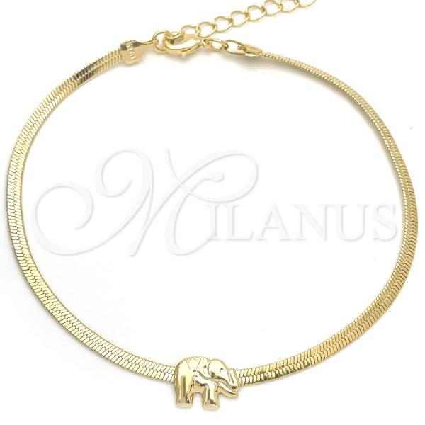 Oro Laminado Basic Bracelet, Gold Filled Style Elephant and Herringbone Design, Polished, Golden Finish, 03.02.0096.07