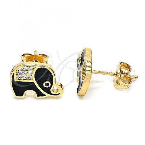Oro Laminado Stud Earring, Gold Filled Style Elephant Design, with White and Black Micro Pave, Black Enamel Finish, Golden Finish, 02.213.0270.2