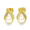 Oro Laminado Stud Earring, Gold Filled Style Teardrop and Ball Design, with White Cubic Zirconia and Ivory Pearl, Polished, Golden Finish, 02.156.0337