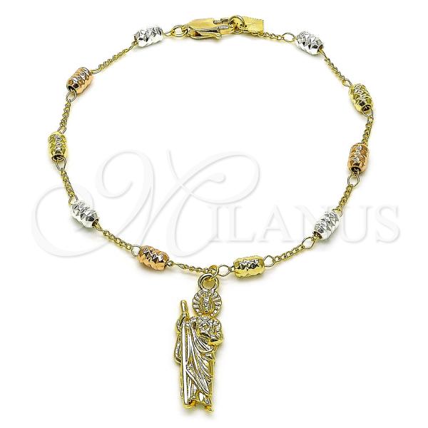 Oro Laminado Bracelet Rosary, Gold Filled Style San Judas and Figaro Design, Diamond Cutting Finish, Tricolor, 09.253.0077.08