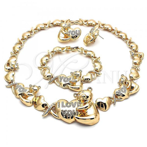 Oro Laminado Necklace, Bracelet and Earring, Gold Filled Style Hugs and Kisses and Teddy Bear Design, with White Crystal, Polished, Golden Finish, 06.372.0043