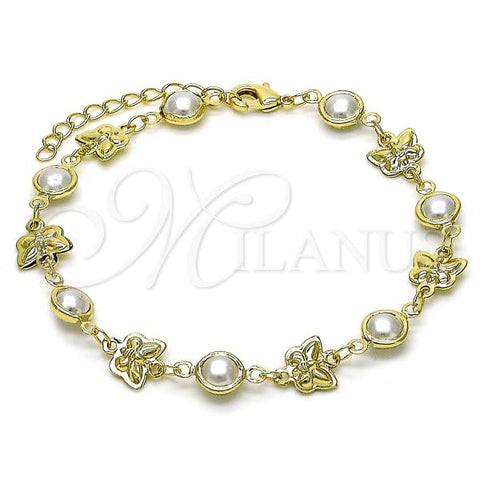 Oro Laminado Fancy Bracelet, Gold Filled Style Butterfly and Ball Design, with Ivory Pearl, Polished, Golden Finish, 03.213.0284.07