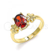 Oro Laminado Multi Stone Ring, Gold Filled Style Flower Design, with Garnet Cubic Zirconia, Polished, Golden Finish, 01.210.0121.2.08