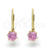 Oro Laminado Leverback Earring, Gold Filled Style with Pink Cubic Zirconia, Polished, Golden Finish, 5.128.093