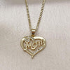 Oro Laminado Pendant Necklace, Gold Filled Style Heart and Mom Design, with White Cubic Zirconia, Polished, Golden Finish, 04.342.0003.18