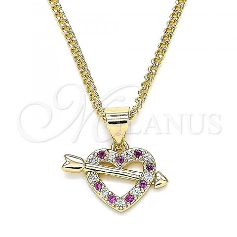 Oro Laminado Pendant Necklace, Gold Filled Style Heart Design, with Ruby and White Micro Pave, Polished, Golden Finish, 04.344.0037.1.20