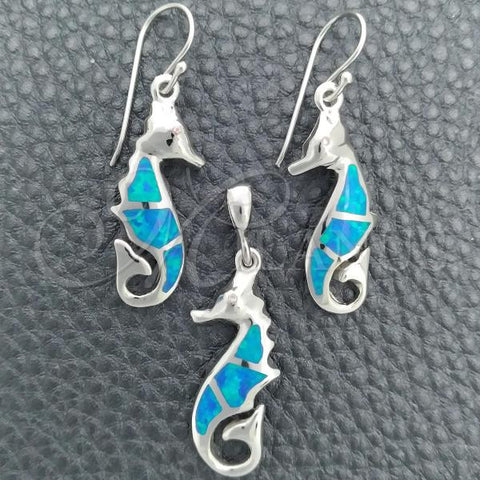 Sterling Silver Earring and Pendant Adult Set, Seahorse Design, with Bermuda Blue Opal, Polished, Silver Finish, 10.391.0015