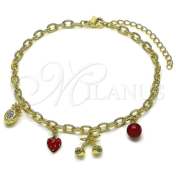 Oro Laminado Charm Anklet , Gold Filled Style Rolo Design, with White Micro Pave and Garnet Pearl, Red Enamel Finish, Golden Finish, 03.213.0364.10