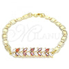 Oro Laminado Fancy Bracelet, Gold Filled Style Leaf Design, with Garnet and White Cubic Zirconia, Polished, Golden Finish, 03.63.2153.07