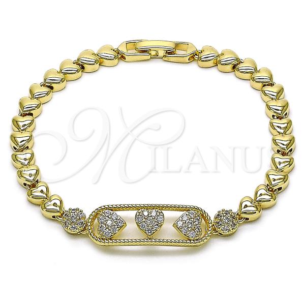 Oro Laminado Fancy Bracelet, Gold Filled Style Heart Design, with White Cubic Zirconia, Polished, Golden Finish, 03.283.0451.07