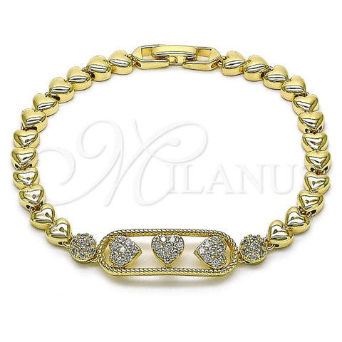 Oro Laminado Fancy Bracelet, Gold Filled Style Heart Design, with White Cubic Zirconia, Polished, Golden Finish, 03.283.0451.07