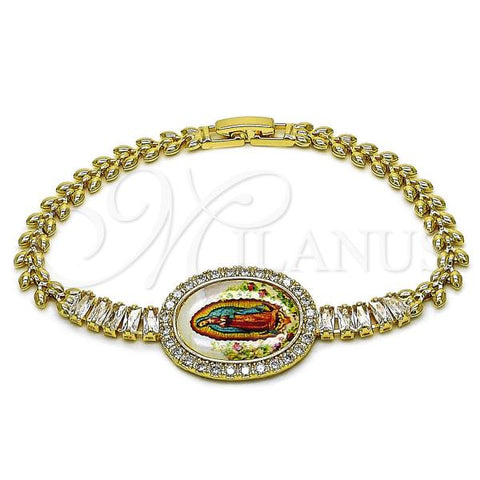 Oro Laminado Fancy Bracelet, Gold Filled Style Guadalupe and Baguette Design, with White Cubic Zirconia, Polished, Golden Finish, 03.283.0476.07