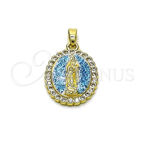 Oro Laminado Religious Pendant, Gold Filled Style Guadalupe Design, with White Cubic Zirconia, Light Blue Enamel Finish, Golden Finish, 05.284.0019.2