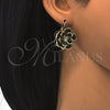 Oro Laminado Leverback Earring, Gold Filled Style Flower Design, with Green and White Crystal, Polished, Golden Finish, 02.64.0640.3
