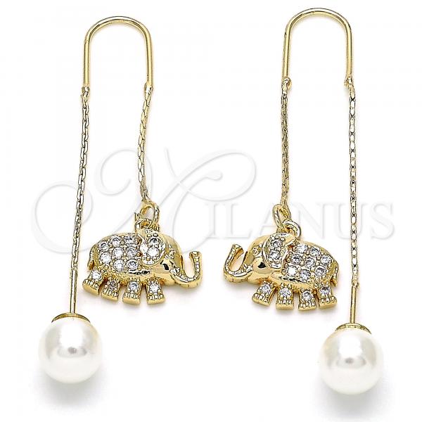 Oro Laminado Threader Earring, Gold Filled Style Elephant Design, with White Micro Pave, Polished, Golden Finish, 02.210.0362