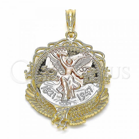 Oro Laminado Religious Pendant, Gold Filled Style Centenario Coin and Angel Design, Polished, Tricolor, 05.351.0055.1