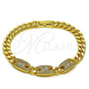 Oro Laminado Fancy Bracelet, Gold Filled Style Puff Mariner and Miami Cuban Design, with White Cubic Zirconia, Polished, Golden Finish, 03.283.0470.08