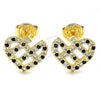 Oro Laminado Stud Earring, Gold Filled Style Heart Design, with Black and White Micro Pave, Polished, Golden Finish, 02.233.0023.1