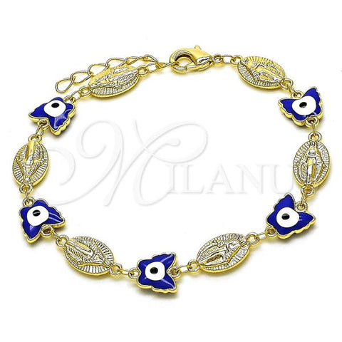 Oro Laminado Fancy Bracelet, Gold Filled Style Virgen Maria and Butterfly Design, Blue Enamel Finish, Golden Finish, 03.213.0223.07