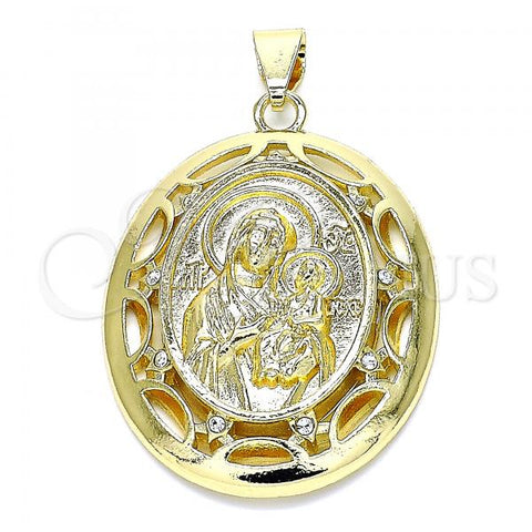 Oro Laminado Religious Pendant, Gold Filled Style Caridad del Cobre Design, with White Crystal, Polished, Golden Finish, 05.213.0104