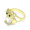 Oro Laminado Multi Stone Ring, Gold Filled Style Owl Design, with White and Black Cubic Zirconia, Polished, Golden Finish, 01.380.0016.07