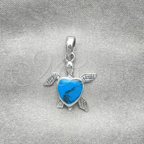 Sterling Silver Fancy Pendant, Turtle Design, with Bermuda Blue Opal, Polished, Silver Finish, 05.410.0008.1