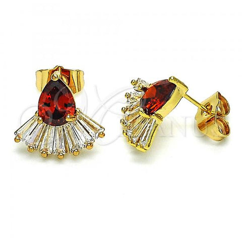 Oro Laminado Stud Earring, Gold Filled Style Teardrop Design, with Garnet and White Cubic Zirconia, Polished, Golden Finish, 02.387.0103.2