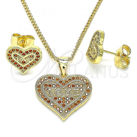 Oro Laminado Earring and Pendant Adult Set, Gold Filled Style Heart and Love Design, with Garnet Micro Pave, Polished, Golden Finish, 10.156.0415.1