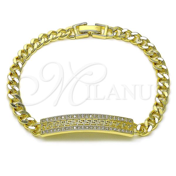 Oro Laminado ID Bracelet, Gold Filled Style Greek Key and Miami Cuban Design, with White Micro Pave, Polished, Golden Finish, 03.411.0055.08