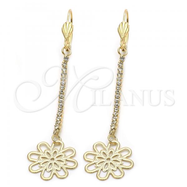 Oro Laminado Long Earring, Gold Filled Style Flower Design, with White Cubic Zirconia, Diamond Cutting Finish, Golden Finish, 5.087.001.1