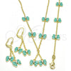 Oro Laminado Earring and Pendant Children Set, Gold Filled Style Butterfly Design, with White Crystal, Turquoise Enamel Finish, Golden Finish, 06.60.0004