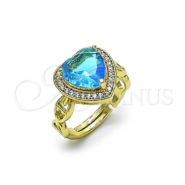 Oro Laminado Multi Stone Ring, Gold Filled Style Heart and Puff Mariner Design, with Blue Topaz Cubic Zirconia and White Micro Pave, Polished, Golden Finish, 01.284.0107.4