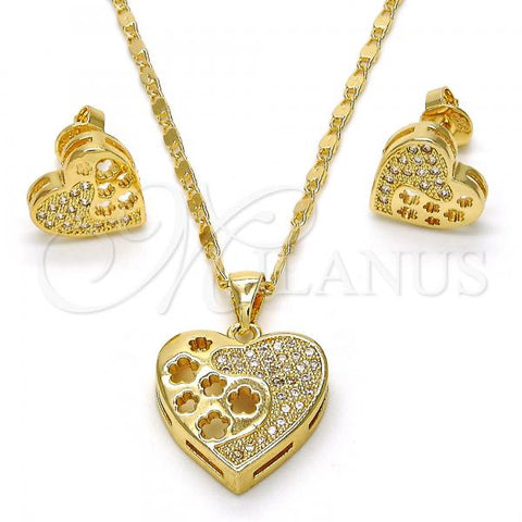Oro Laminado Earring and Pendant Adult Set, Gold Filled Style Heart and Flower Design, with White Micro Pave, Polished, Golden Finish, 10.156.0066.1