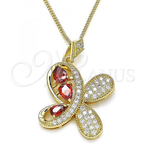 Oro Laminado Pendant Necklace, Gold Filled Style Butterfly and Teardrop Design, with Garnet Cubic Zirconia and White Micro Pave, Polished, Golden Finish, 04.323.0012.1.20