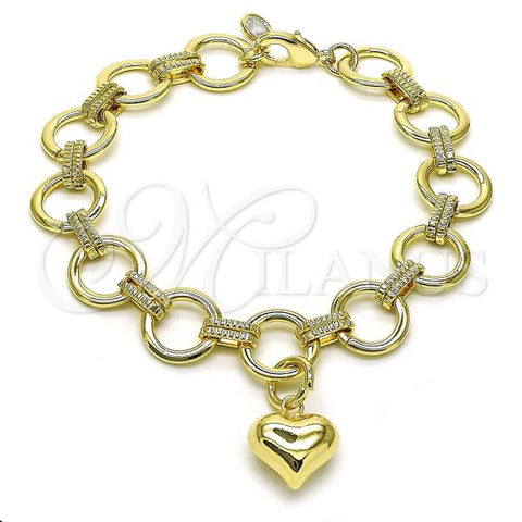 Oro Laminado Fancy Bracelet, Gold Filled Style Heart and Rolo Design, with White Cubic Zirconia, Diamond Cutting Finish, Golden Finish, 03.331.0295.09