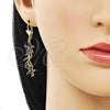 Oro Laminado Long Earring, Gold Filled Style Flower and Leaf Design, with Black Cubic Zirconia, Polished, Golden Finish, 02.210.0837.1