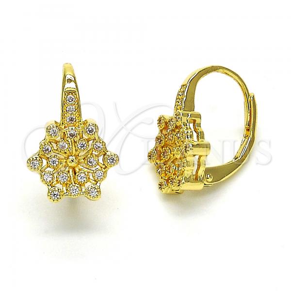 Oro Laminado Leverback Earring, Gold Filled Style Flower Design, with White Micro Pave, Polished, Golden Finish, 02.195.0057