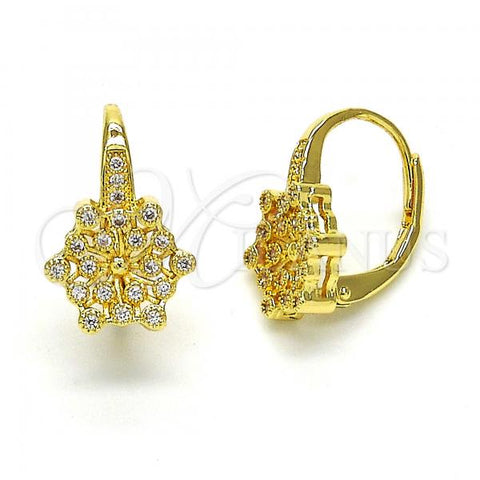 Oro Laminado Leverback Earring, Gold Filled Style Flower Design, with White Micro Pave, Polished, Golden Finish, 02.195.0057