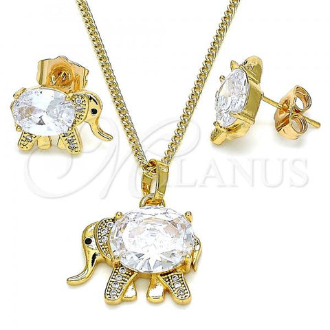 Oro Laminado Earring and Pendant Adult Set, Gold Filled Style Elephant Design, with White Cubic Zirconia and White Micro Pave, Polished, Golden Finish, 10.210.0125