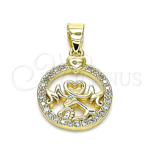 Oro Laminado Fancy Pendant, Gold Filled Style Mom and Heart Design, with White Micro Pave, Polished, Golden Finish, 05.102.0025
