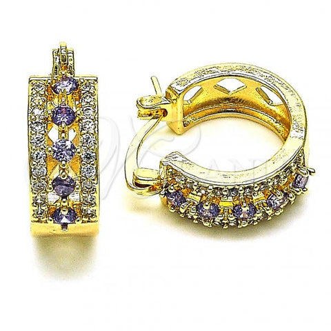 Oro Laminado Small Hoop, Gold Filled Style with Amethyst and White Cubic Zirconia, Polished, Golden Finish, 02.210.0269.11.15