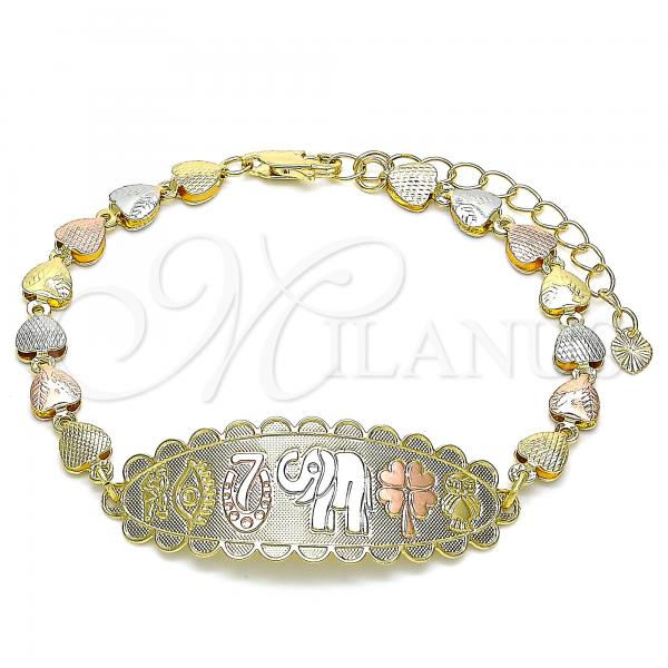 Oro Laminado Fancy Bracelet, Gold Filled Style Elephant and Four-leaf Clover Design, Polished, Tricolor, 03.380.0108.08