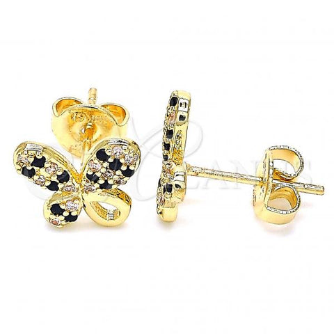 Oro Laminado Stud Earring, Gold Filled Style Butterfly Design, with Black and White Micro Pave, Polished, Golden Finish, 02.233.0022.1