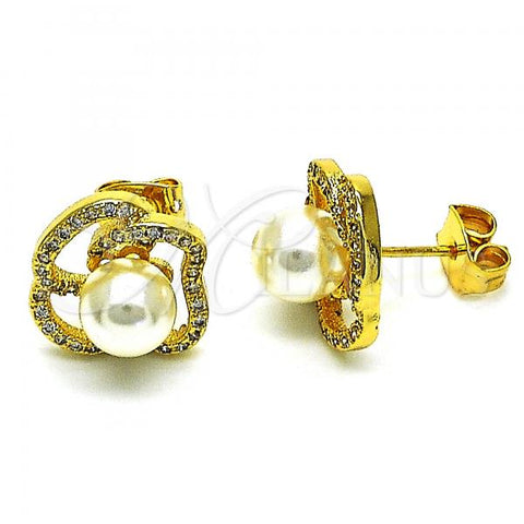 Oro Laminado Stud Earring, Gold Filled Style Flower Design, with Ivory Pearl and White Micro Pave, Polished, Golden Finish, 02.156.0656