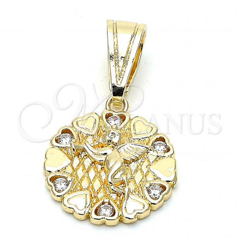 Oro Laminado Religious Pendant, Gold Filled Style Angel and Heart Design, with White Cubic Zirconia, Polished, Golden Finish, 05.120.0084