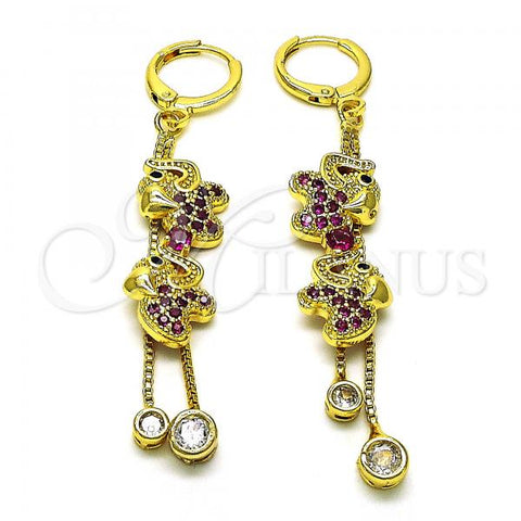 Oro Laminado Long Earring, Gold Filled Style Box and Elephant Design, with Ruby and Black Micro Pave, Polished, Golden Finish, 02.316.0080