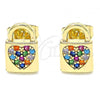 Oro Laminado Stud Earring, Gold Filled Style Lock and Heart Design, with Multicolor Micro Pave, Polished, Golden Finish, 02.210.0406.1