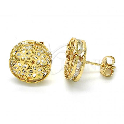 Oro Laminado Stud Earring, Gold Filled Style Flower Design, with White Cubic Zirconia, Polished, Golden Finish, 02.106.0018